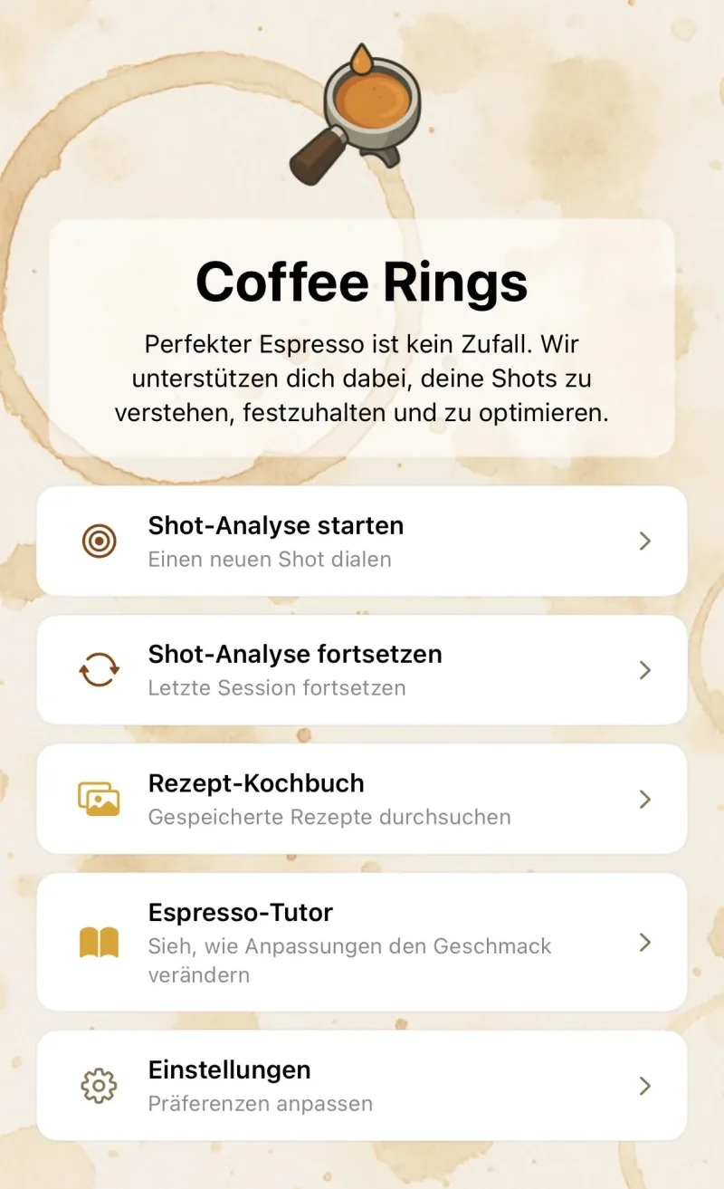 Coffee Rings Startbildschirm mit Espresso-Auswertung