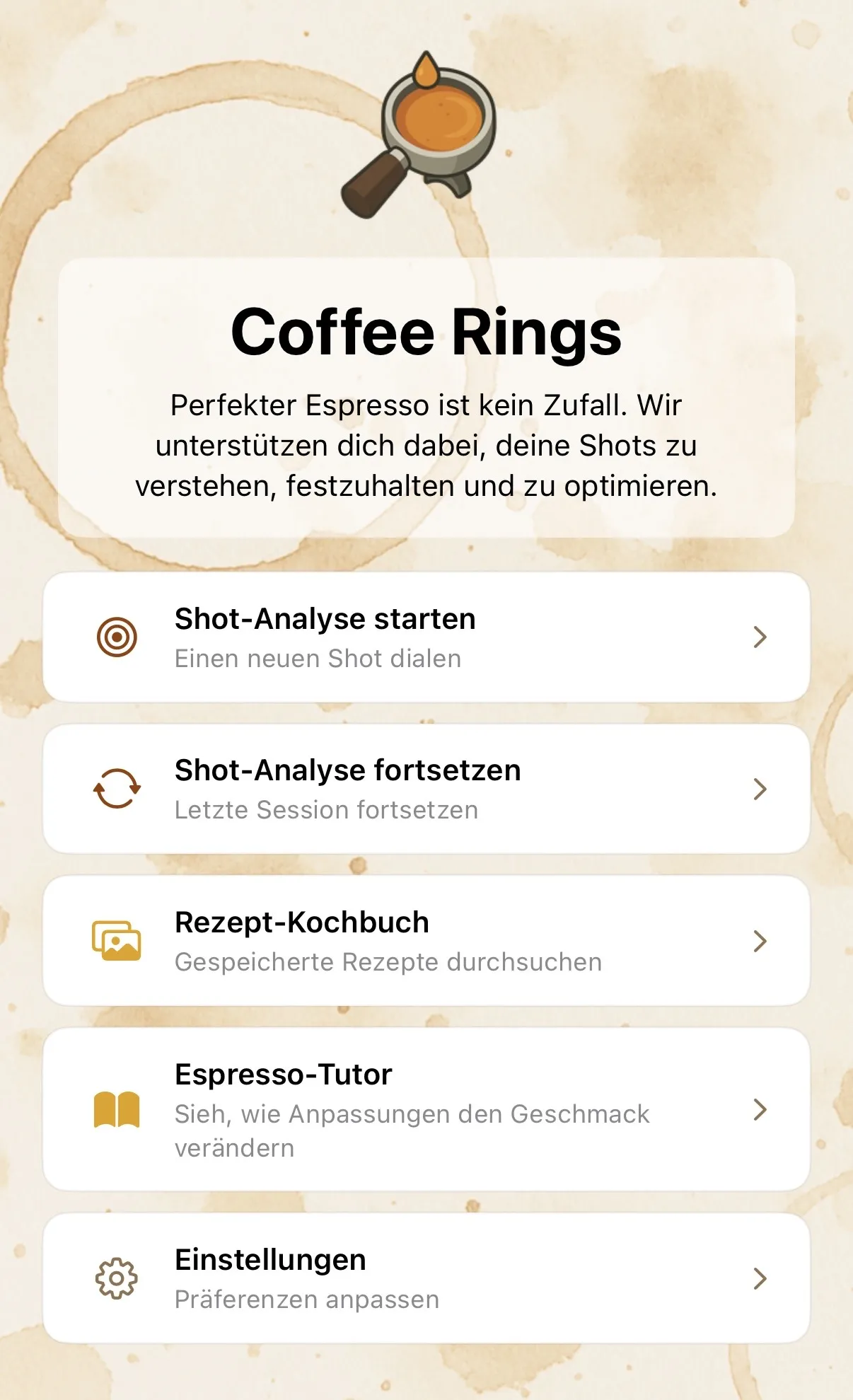 Coffee Rings Startbildschirm mit Espresso-Auswertung