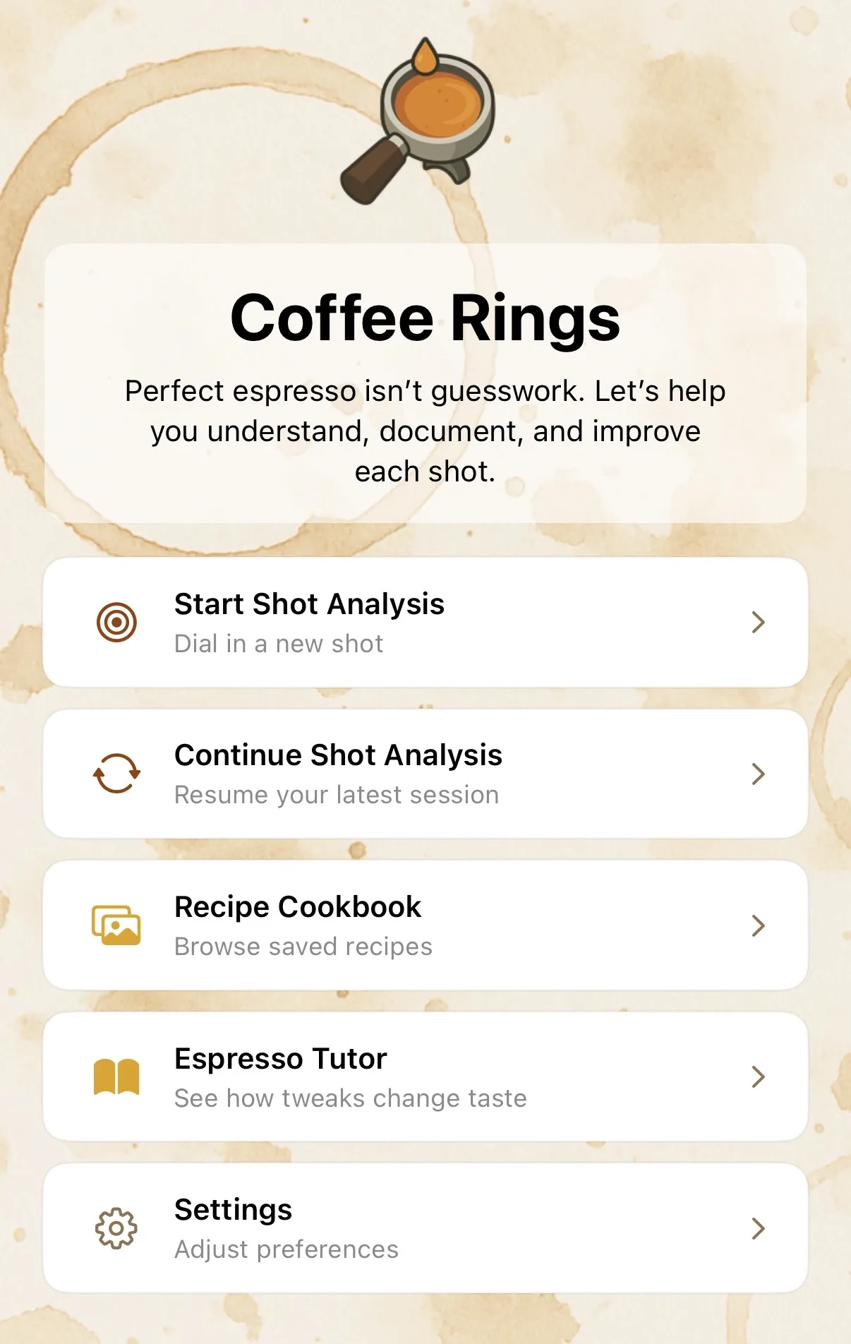 Coffee Rings start screen with espresso analysis